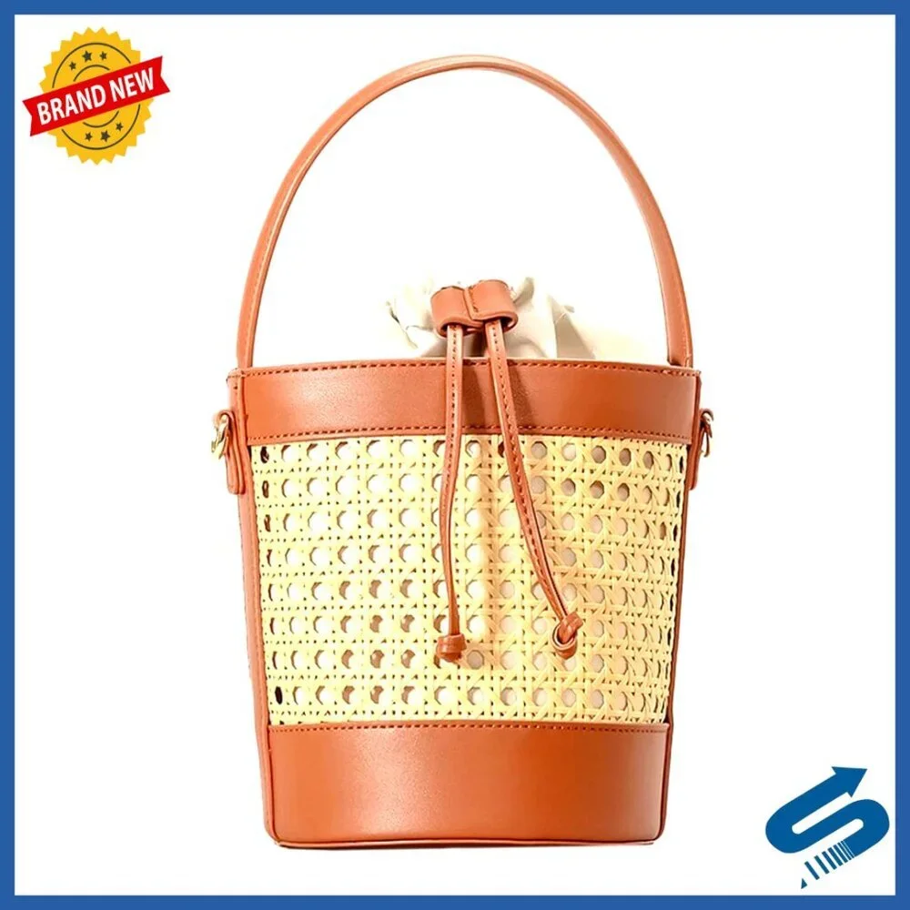Rattan Straw Tote Bucket Bag PU Leather Summer Beach Holiday Purse